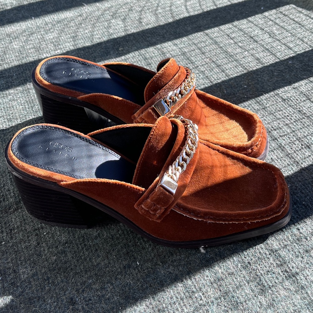 ASOS Design Shaw chain loafer mid heel mules in rust velvet